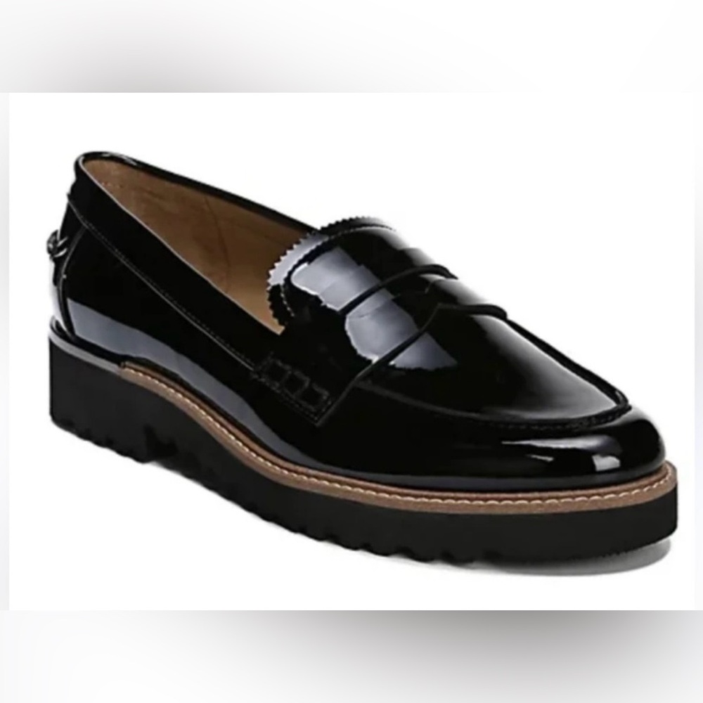 Franco Sarto Chadwic Black Patent Leather Lug Sole Penny Loafers Preppy Cute 8.5